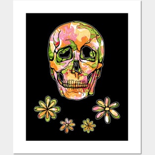 Floral skull with hippie 70s flowers Posters and Art